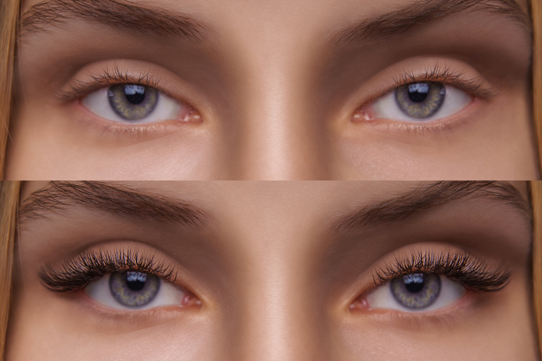 Eyelash Extension. Comparison of female eyes before and after